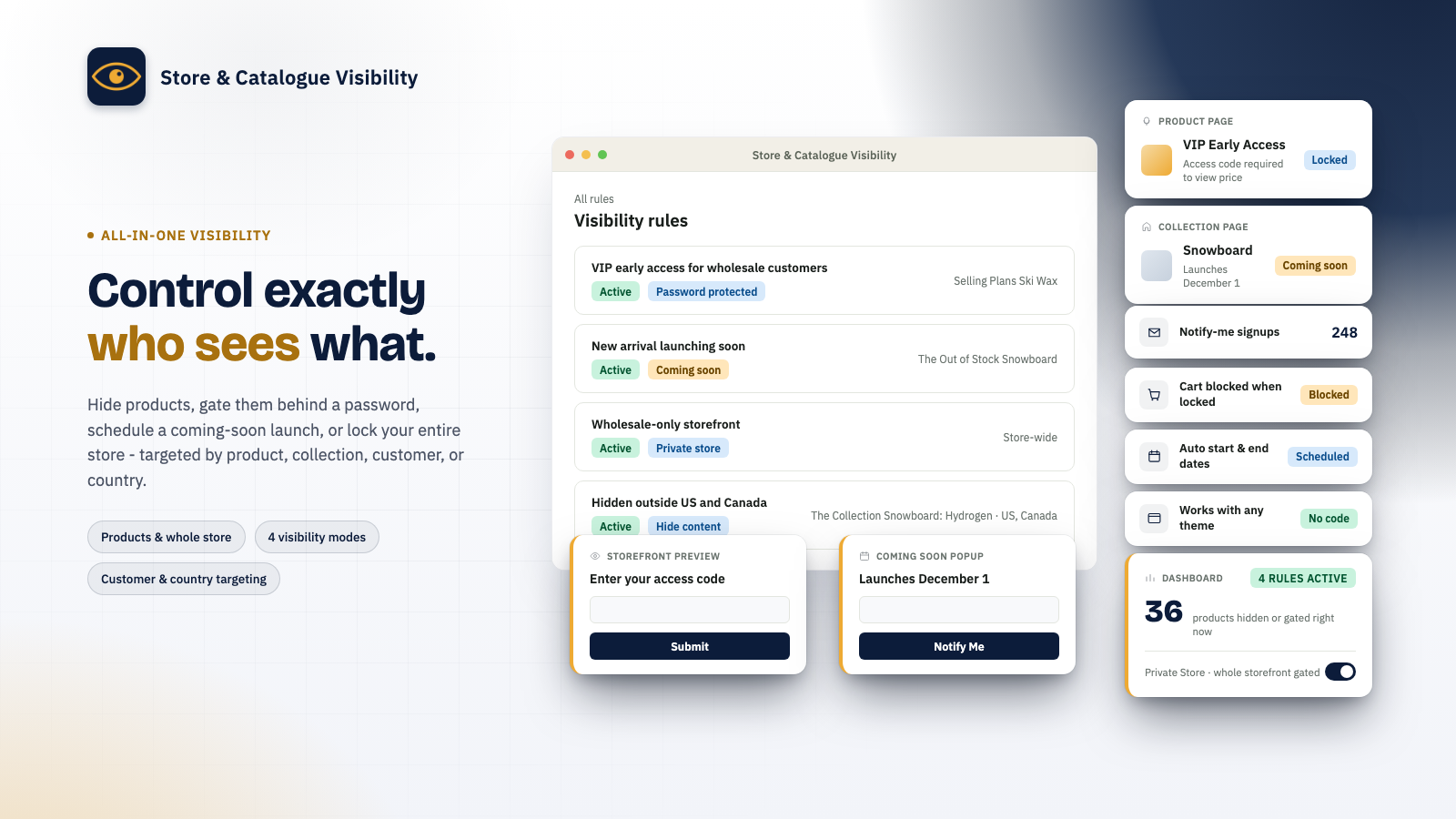 Store & Catalogue Visibility rules list with password protection, coming soon, and private store cards