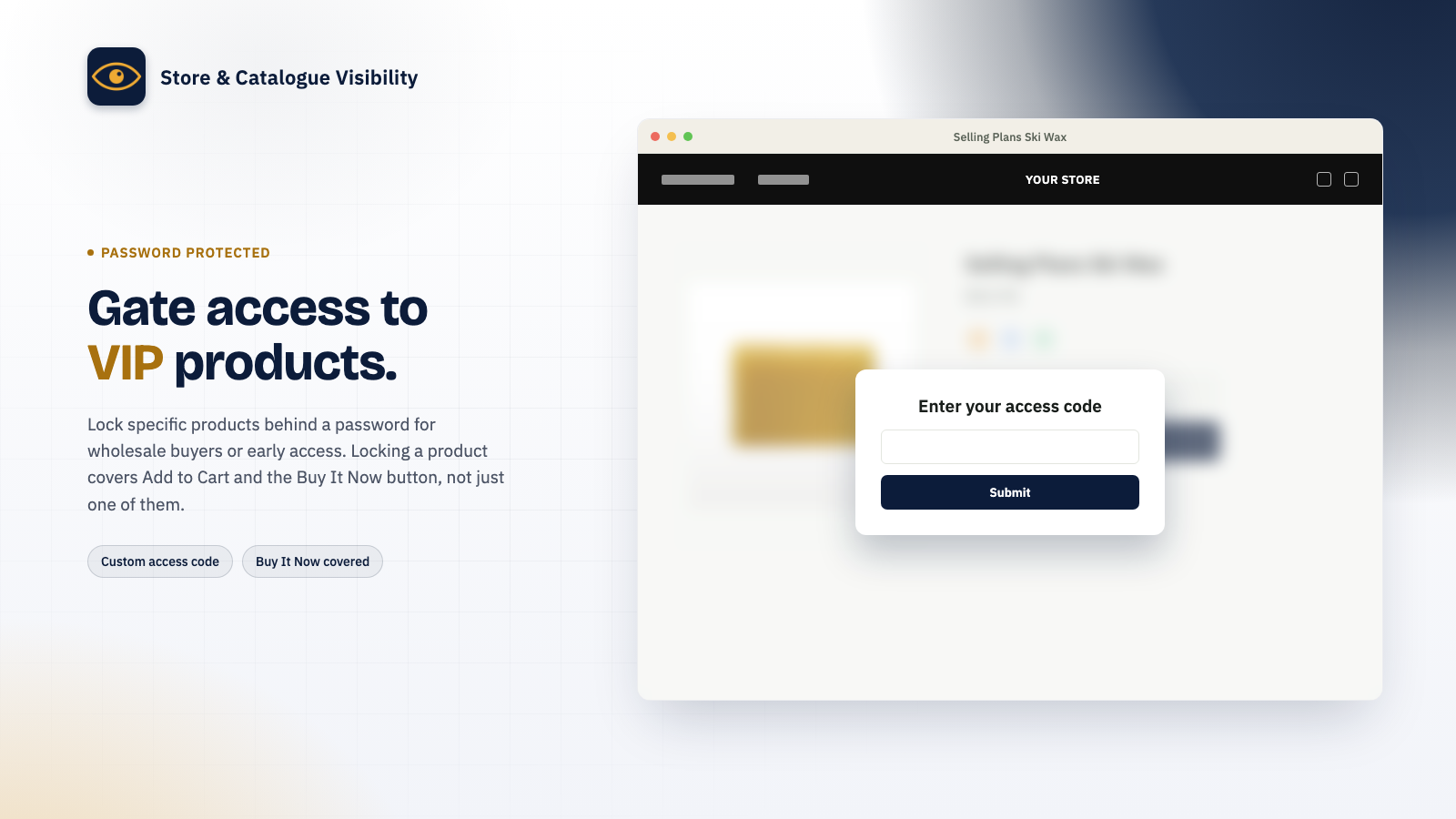 Product page with a password gate popup asking for an access code