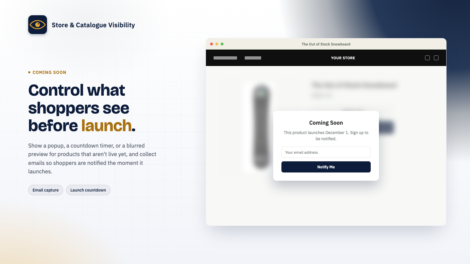 Coming soon popup with an email signup field on a product page