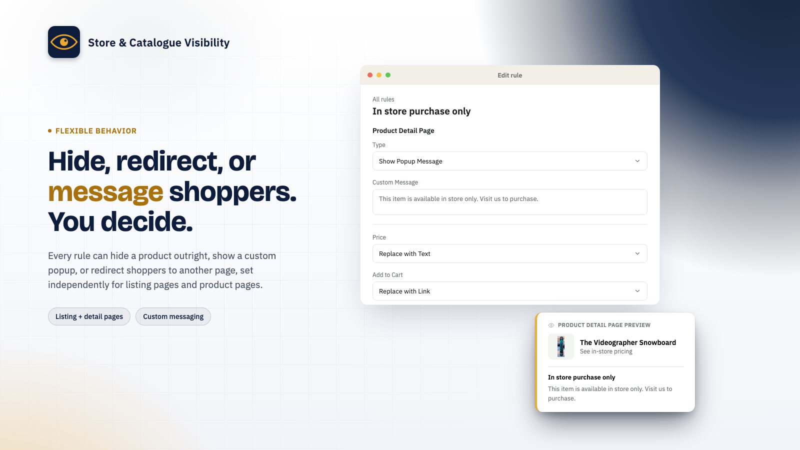 Rule editor configuring a custom popup message for an in-store-only product