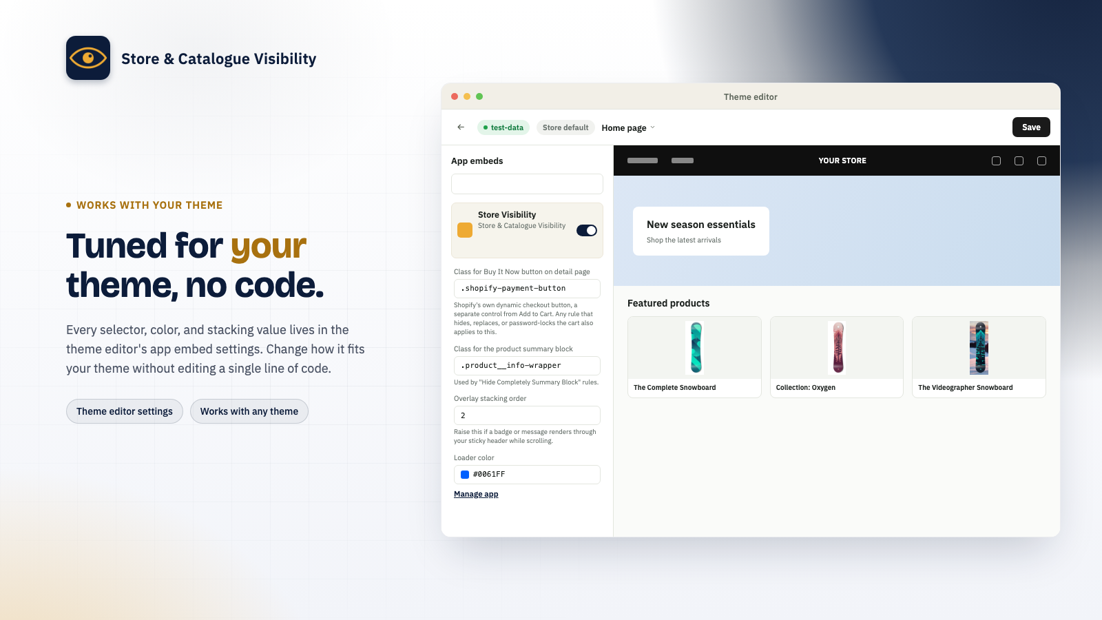 Shopify theme editor showing the app embed settings panel