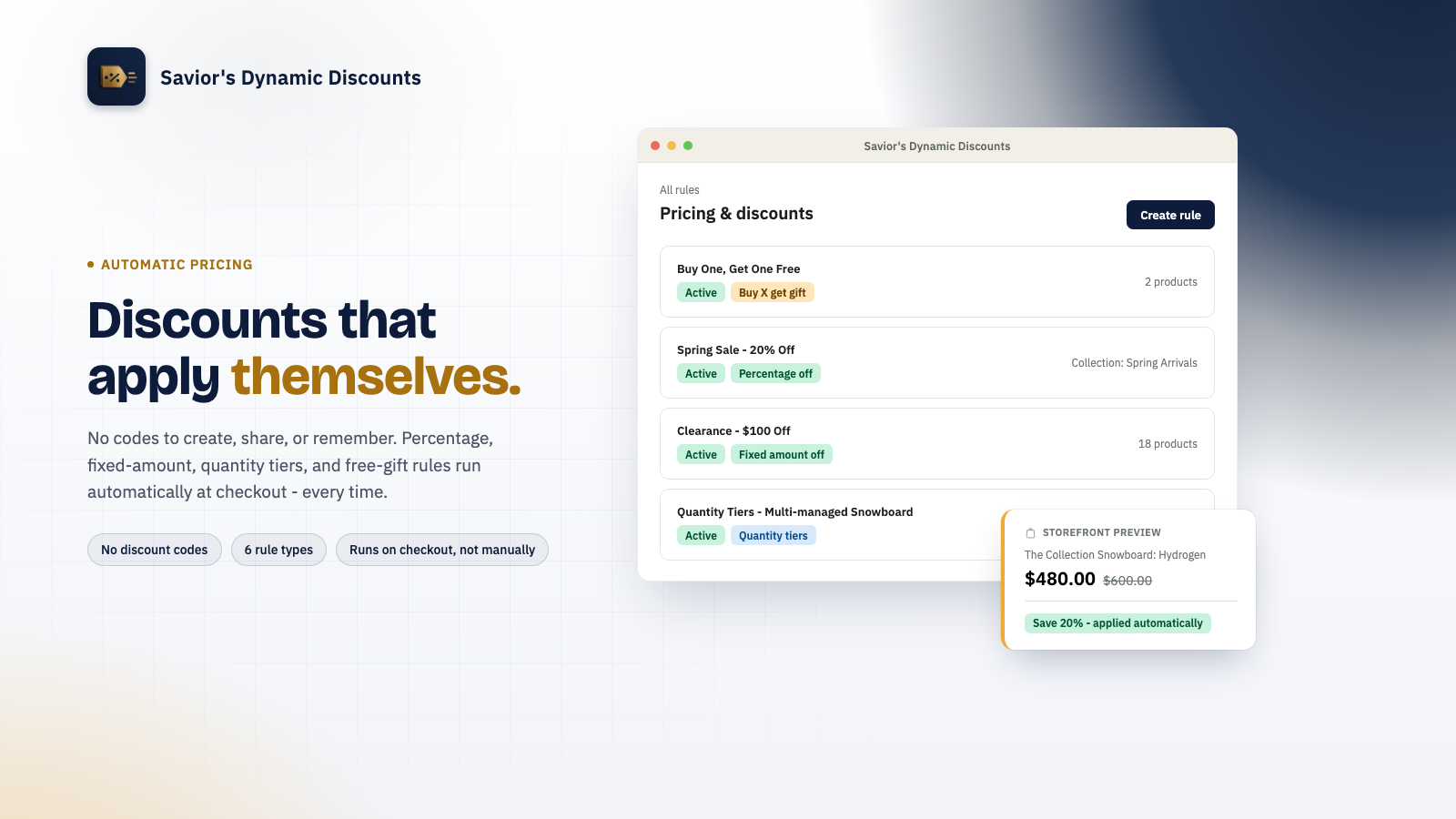 Pricing and discounts rules list showing four active rules of different types, with a live storefront preview of an applied 20% discount