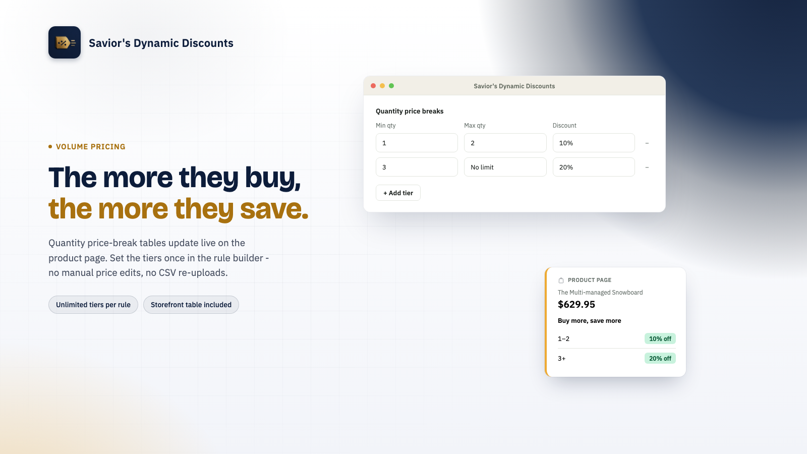 Quantity price break editor with 10% off at 1-2 units and 20% off at 3 or more units