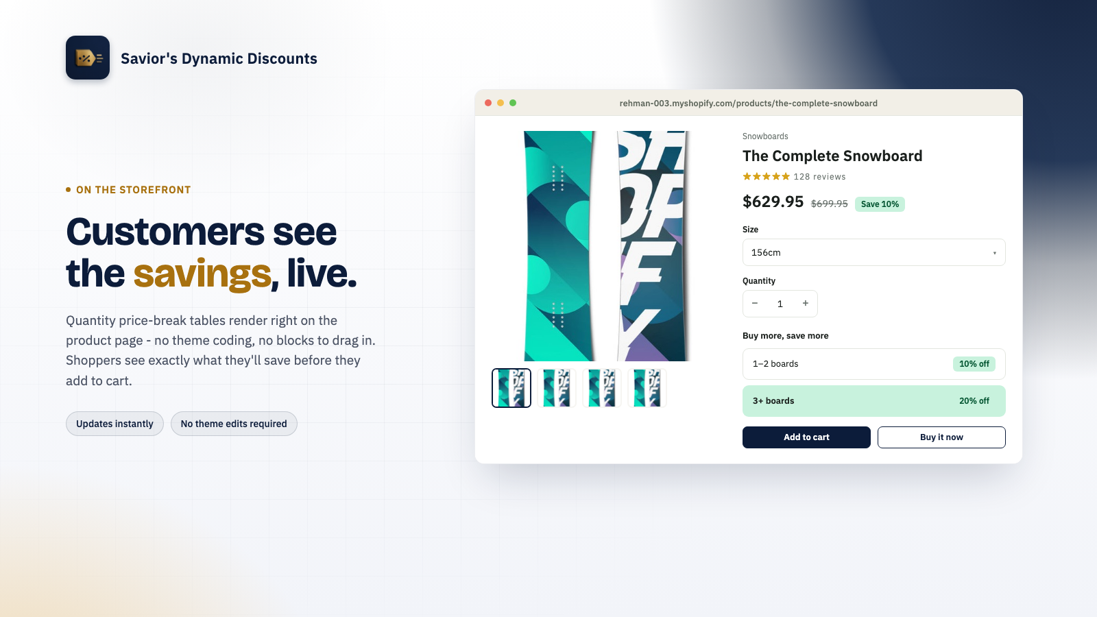Storefront product page showing a live quantity price-break table