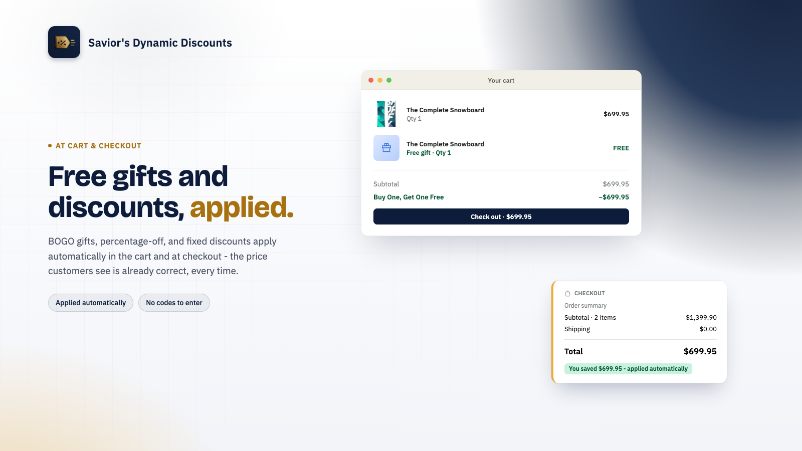 Shopify cart showing a free gift line and a discount already applied at checkout